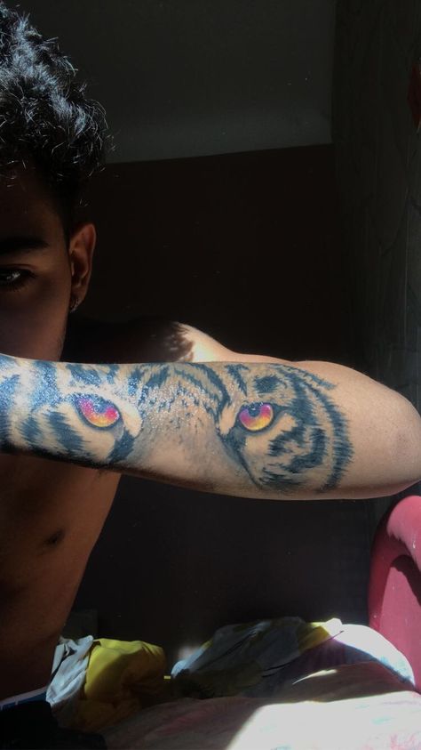 Tiger Eye Tattoo, Lion Eyes Tattoo, Tiger Sleeve Tattoo, Cross Tattoo Neck, Tiger Eyes Tattoo, Lion Eyes, Eye Tattoo, Arm Tattoos For Guys, Cross Tattoo