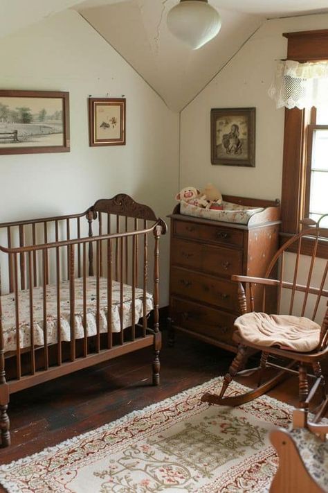 16 Cottage Core Nursery Decor Ideas » Lady Decluttered Traditional Style Nursery, Nursery Ideas Antique, Antique Themed Nursery, Vintage Cottage Core Nursery, Vintage Rocking Chair Nursery, Baby Room Ideas Vintage, Vintage Nursery Theme, Anne Of Green Gables Nursery, Antique Baby Girl Nursery