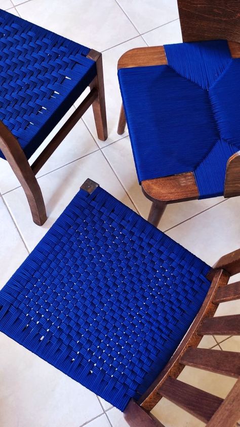 The handwoven blue paracord chairs finally finished! Quite tiring but very satisfying :) Macrame Furniture, Woven Chairs, Handmade Furniture Design, Rope Chair, Chaise Chair, Patterned Chair, Cane Furniture, Woven Chair, Woven Furniture