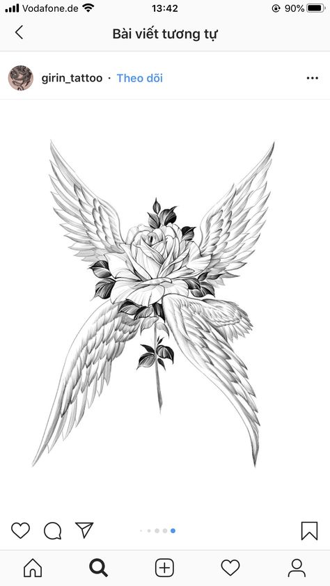 Flowers And Angel Wings Tattoo, Rip Flower Tattoos, Flower And Wings Tattoo, Rose And Wings Tattoo Design, Flower With Wings Tattoo, Rose Drawing Tattoo, Remembrance Tattoos, Dope Tattoos For Women, Tattoo Style Drawings