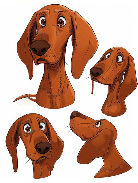 Cartoon Style Character Sheet of Female Dog Cartoon Dog Drawing Character Design, Floppy Dog Ears Drawing, Cartoon Dog Eyes, Coonhound Drawing, Cartoon Style Character, Sketching References, Cartoon Dog Drawing, Dog Expressions, Cartoon Dogs