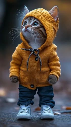 ↑↑↑ Larger size on website 🔸 A tabby cat is dressed in a yellow knitted hoodie with a black drawstring and a single button. It is Curious Expression, Knitted Hoodie, Fallen Leaves, Yellow Knit, Knit Hoodie, Cat Clothes, Tabby Cat, White Sneakers, Casual Outfit