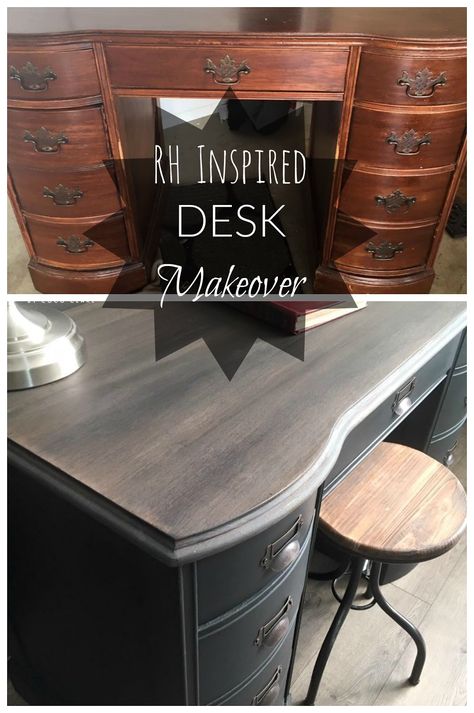 from Gardners 2 Bergers: Restoration Hardware Inspired Desk Refinishing Desk Ideas Wood Furniture, Dark Desk With Drawers, Wood Desk Upcycle, Desk Redo Before After, Refurbished Office Desk, Desk Refinishing Ideas Wood, Refinish Desk Ideas Diy, Painting Desk Ideas Diy, Desk Color Ideas