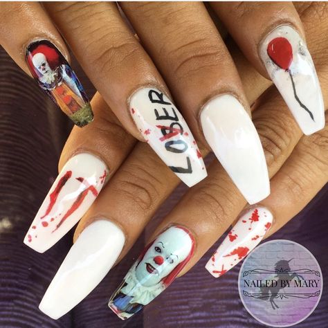 It clown Pennywise Halloween scary movie acrylic decal art nails It Nails Clown, Halloween Nails It Movie, Halloween Nails It, Pennywise Nail Art, Scary Movie Nails, Pennywise Nails, Mom Therapy, Pennywise Halloween, Nail Inspired