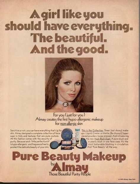 70s Make Up, Copywriting Ads, Hypoallergenic Makeup, 70s Makeup, Makeup Ads, Bathroom Walls, Retro Beauty, Lip Smackers, Beauty Ad