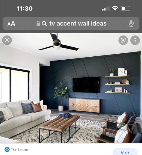 Blue House Interior, Paint Color Living Room, Accent Tv Wall, Blue Accent Wall Living Room, Navy Blue Accent Wall, Navy Blue House, Navy Living Rooms, Blue Accent Walls, Living Room Living Room