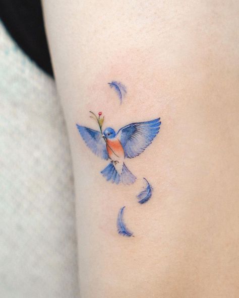 Small Bird Tattoo Color, Bird Tattoos For Women Color, Blue Bird Memorial Tattoo, Small Bird Wrist Tattoos For Women, Bird And Bee Tattoo, Bluebird Tattoos For Women, Fine Line Bluebird Tattoo, Small Blue Bird Tattoo, Bluebird Tattoo Meaning