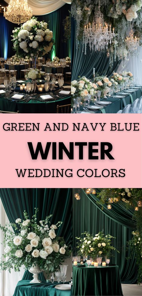 Elegant green and navy blue wedding decor with winter-inspired accents. Emerald Green Winter Wedding Theme, December Wedding Navy Blue, Navy And Hunter Green Wedding, Green And Blue Wedding Decor, Dark Green And Navy Wedding, Dark Green Winter Wedding, Emerald Green And Silver Wedding, Blue Winter Wedding Ideas, Blue And Green Wedding Theme