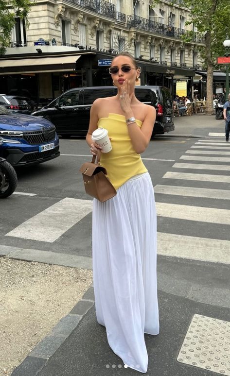 #BEAUTY ,#REALATIONSHIPS #Fashion #Outfits #Summer Outfits #Animals Scandi Summer Outfit, Summer London Outfits, Scandi Style Outfit, Yellow Top Outfit, White Maxi Skirt Outfit, Yellow Tube Top, White Skirt Outfits, Skirt Outfit Summer, Spring Attire