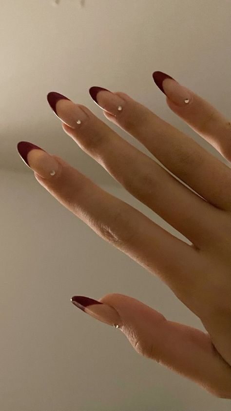 Red Nail French, Trendy Nails Ideas 2024 June, Dark French Nails, Nail Inspo For Dark Skin, Nail Red Design, Red French Tips Nails, Red French Nails Design, Dark Red French Tip Nails, Red Nails Cute