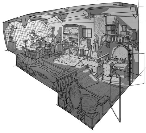 Interior drawing by RhysGriffiths Pirate Interior, Steam Punk Art Drawings, Punk Art Drawings, Pirate Ship Bedroom, Art Drawings Easy, Tadc Oc, Vampire Pirate, Steam Punk Art, Nautical House