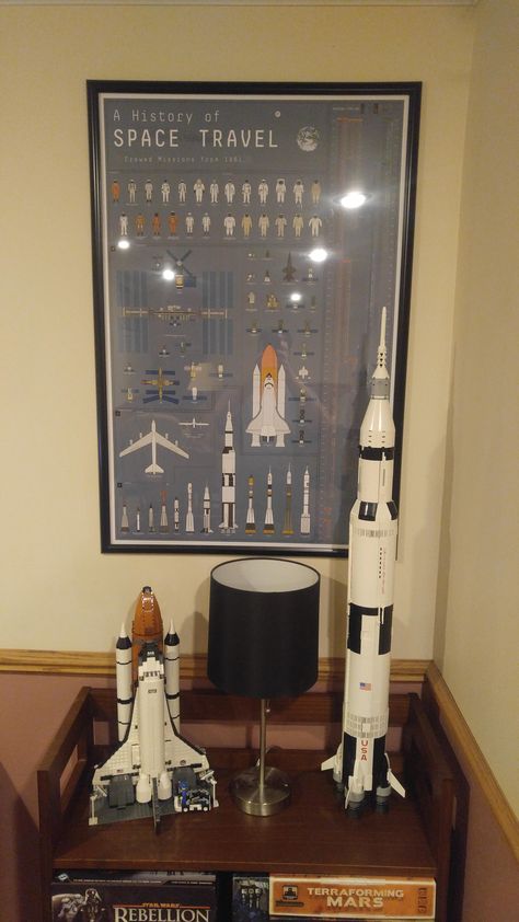 My little Lego NASA corner Nasa Room Decor, Nasa Room, Games Room Inspiration, Intercom System, Lego Display, Home Studio Setup, Corner Space, Lego Space, Man Room