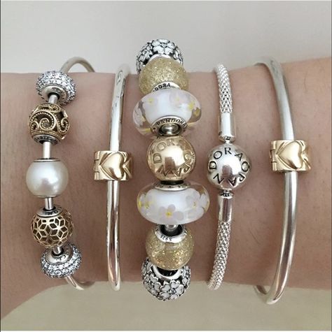 @natalia_vozna How To Make Pandora Bracelets, Silver And Gold Pandora Bracelet Ideas, Elegant Pandora Bracelet, Pandora Gold And Silver Bracelet, Pandora Bracelet Mixed Metals, Pandora Mixed Metal Bracelet, Pandora Bracelet Ideas Simple, Gold And Silver Pandora Bracelet, Gold Pandora Bracelet