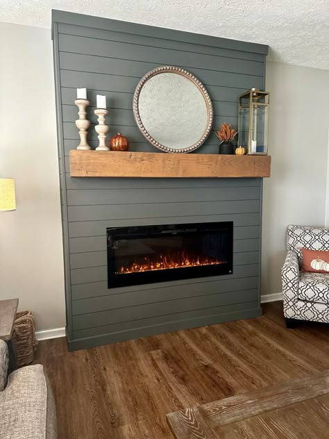 Color Shiplap Fireplace, Freestanding Electric Fireplace Redo, Shiplap Fireplace Insert, Updating An Electric Fireplace, Shiplap Wall With Fireplace Insert, Grey Shiplap Wall Living Room, Sage Green Shiplap Fireplace, Electric Fireplace Insert Shiplap, Electric Fireplace Corner Ideas