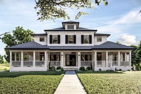 Country Home Plan with Wraparound Porch and Side-Load Garage Southern House, Casa Country, Southern House Plans, Brick Exterior House, Plans Modern, Custom House, Modern Farmhouse Plans, Design Exterior, Design Hotel