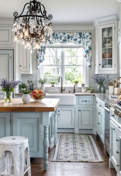 Blue Shabby Chic Kitchen, Light Blue Country Kitchen, French Country Kitchens Blue, Blue Kitchen Cabinets Cottage, Blue Cream Kitchen, Beige And Blue Kitchen Ideas, French Cottage Kitchen Ideas, French Country Kitchen Design Ideas, Blue And Cream Kitchen