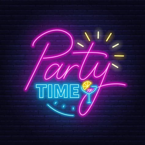 Party time neon lettering in retro style... | Premium Vector #Freepik #vector #party #light #wall #time Neon Lettering, Party Quotes, Party Icon, Cool Nike Wallpapers, Party Logo, Retro Neon, Instagram Party, Neon Logo, Best Friend Lyrics