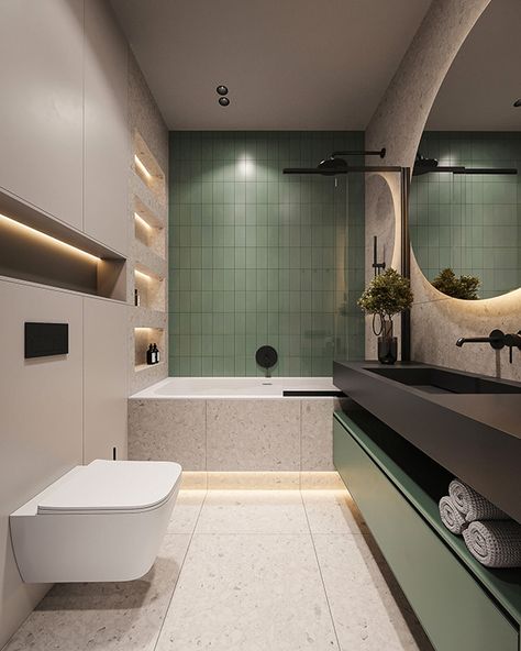 Cozy apartment for a family in warm colors :: Behance Sleek Bathroom Design, Minimalist Palette, Unique Bathrooms, Marble Bathroom Designs, Green Tile Bathroom, Standing Bathtub, Modern Bathroom Tile, White Bathroom Designs, Sleek Bathroom