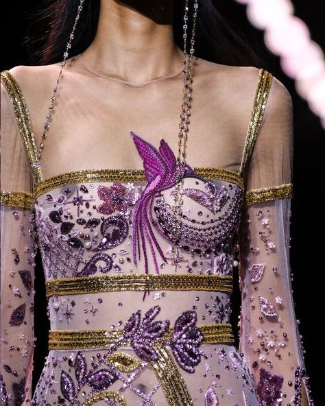 GEORGES HOBEIKA on Instagram: "Embroidery with floral motifs and silk birds mimic the beauty of nature in the Couture SS23 collection. #GeorgesHobeika #Couture #SS23" Georges Hobeika Embroidery, Posh Clothing, Georges Hobeika, Couture Embroidery, Shakira, Clothing Labels, Purple Wedding, Floral Motif, Fashion Dresses