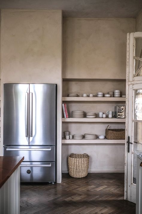 Our Kitchen Renovation - Before and After - Our Food Stories Big Fridge, Old Schoolhouse, Rustic Farmhouse Furniture, Herringbone Wood Floor, Devol Kitchens, Farmhouse Remodel, Herringbone Floor, Window Handles, Elegant Kitchens