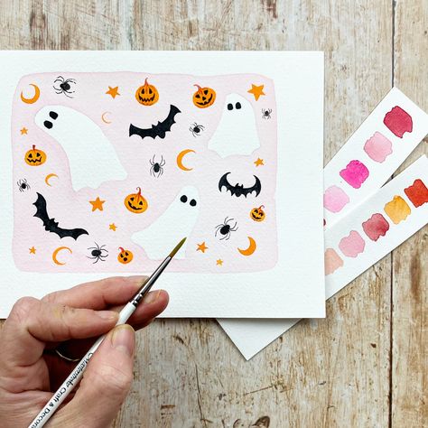 Paint this spooky watercolour pattern for halloween! So easy and a perfect painting project for all the family. Click the link to watch and paint along! Spooky Watercolor Art, Halloween Themed Paintings, Easy Halloween Cards, Halloween Watercolor Art, Fall Watercolors, Halloween Bullet Journal, Watercolour Lessons, Spooky Watercolor, Ghosts For Halloween