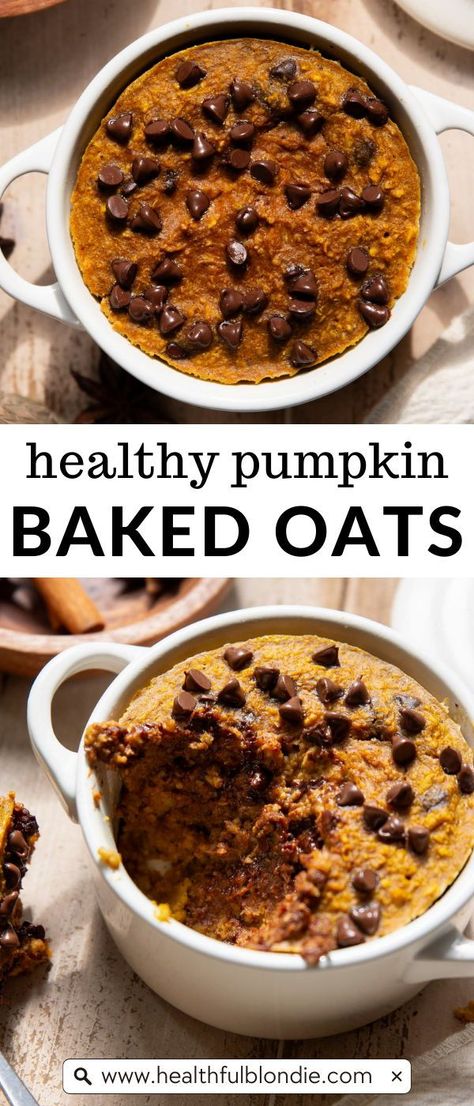 This super moist, blender baked oats recipe with pumpkin is single-serve, healthy, and ready in 20 minutes. Enjoy this baked pumpkin oatmeal as a high-protein, single serve breakfast, gluten free snack, or even dessert. They taste just like cake! Pumpkin Baked Oatmeal Single Serving, Healthy Pumpkin Oatmeal Bake, Protein Pumpkin Baked Oatmeal, Pumpkin Oats Baked, Single Serving Baked Oatmeal, Baked Oatmeal Recipes Single Serving, High Protein Pumpkin Recipes, Pumpkin Protein Recipes, Pumpkin Baked Oats