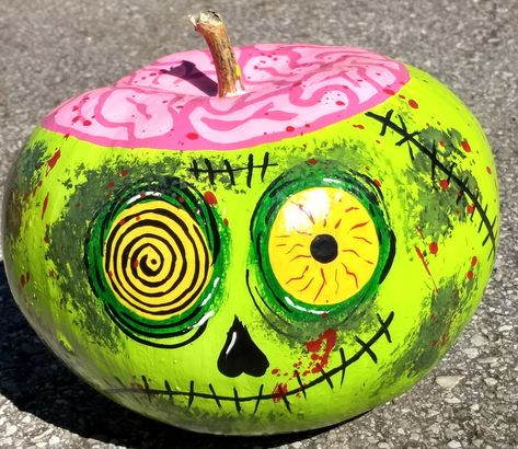 Painted Zombie Pumpkin, Creative Painting Pumpkin Ideas, Pumpkin Painting Ideas Zombie, Pumpkin Zombie Painting, Zombie Pumpkin Painting Ideas, Scary Punkin Painting, Zombie Painted Pumpkin, Painted Pumpkins Halloween Contest, Pumpkin Faces Ideas Painted