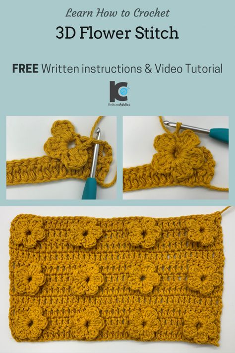 Crochet Flower Stitch Diagram, Flower Stitch Crochet Pattern, Daisy Crochet Stitch, Crochet Stitch Swatches, Crochet Petals Free Pattern, X Stitch Crochet, Crochet Flower Stitches, Flower Crochet Stitches, 3d Crochet Stitch