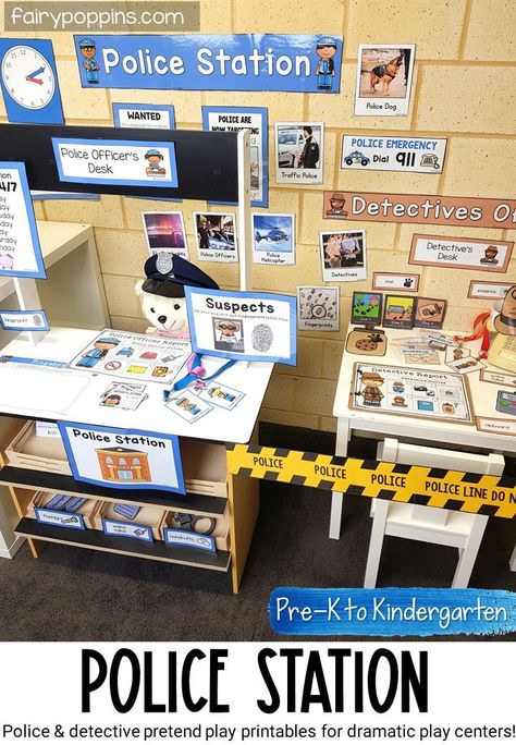 This police station dramatic play center is a fun way for kids to learn about what police and detectives do. It's great for a community helper theme. I love it because it focuses on kid friendly themes. #policedramaticplay #detectivedramaticplay #policepretendplay #detectivepretendplay #communityhelper #communityhelperactivities #policestation #detectiveactivities #pretendplay #dramaticplaycenter #pretendplaycenter #preschool #prek #kindergarten Police Station Activities For Preschool, Dramatic Play Area Kindergarten, Community Helpers Pretend Play, Dramatic Play Police Station, Police Dramatic Play Preschool, Police Station Dramatic Play Preschool, Police Theme Preschool, Police Dramatic Play, Dramatic Play School