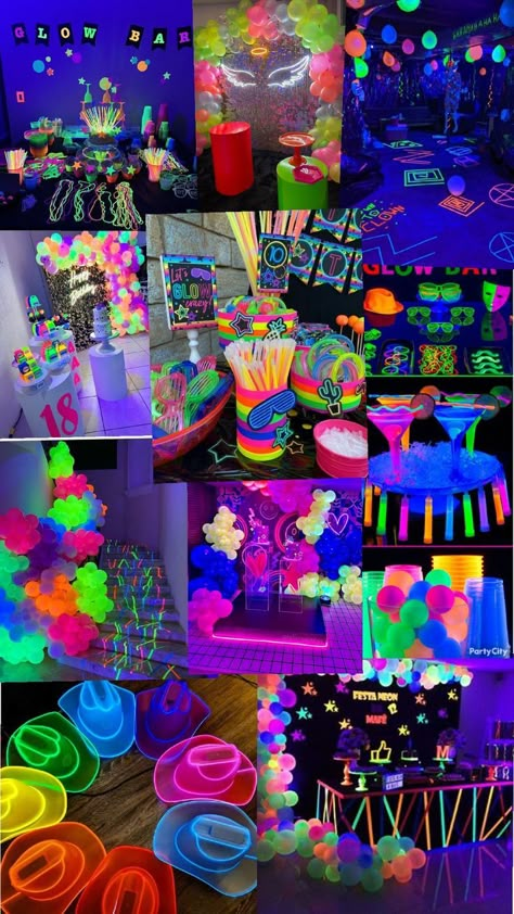 Glow Theme Party Cake, Blackout Or Back Out Party Theme, 14th Birthday Theme, Pre Teen Birthday Party Ideas, Neon Sweet 16 Party Ideas, Neon Birthday Party For Teens, Neon Bday Party, Neon Party Games, Neon Themed Birthday Party