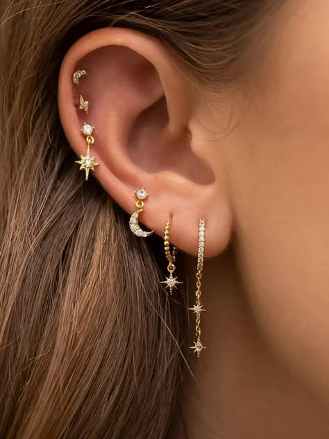 1set Women's Golden Fashionable Single Side Wearing Star, Moon, Lightning Shape Earrings (6pcs/set) Suitable For Daily Wear | SHEIN USA Moon Shaped Earrings, 3 Ear Piercings Gold, Shein Earrings, 3 Ear Piercings, Minimalist Ear Piercings, Ear Styling, Ear Stacks, Earring Stacks, New Vibes