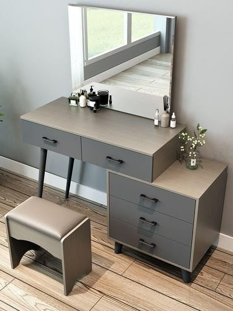 Study Table With Mirror, Meja Rias Aesthetic, Plywood Bed Designs, Wooden Bed Side Table, Bed Side Table Design, Simple Dressing Table, Modern Dressing Table Designs, Side Table For Bedroom, Dressing Unit