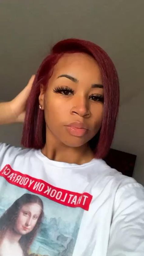 Burgundy Natural Hair Black Women Dark Skin, Red And Blonde Hair Natural, Burgundy Bob Natural Hair, Burgundy Bob Black Women Natural Hair, Red Quick Weave Bob With Leave Out, Red Short Hairstyles, Red Silk Press Natural Hair Bob, Cranberry Hair Color On Black Women, Dark Red Bob Black Women