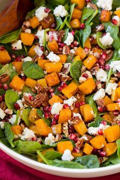 Butternut Squash Pomegranate, Butternut Squash Spinach, Salads For A Crowd, Butternut Squash Salad, Cheese Spinach, Red Wine Vinaigrette, Squash Salad, Autumn Salad, Cooking Classy