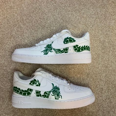 Green dragon by alishascustoms Custom Nike Shoes Men, Painted Shoes Ideas, Custom Sneakers Diy, Cute Converse, Custom Shoes Diy, Painted Sneakers, Nike Fashion Shoes, Preppy Shoes, Pretty Shoes Sneakers