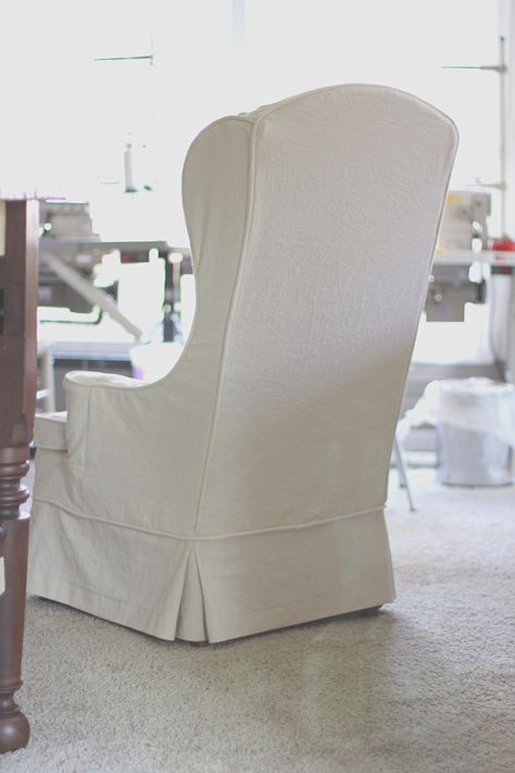 twin fibers: My Sewing Workroom and Wingback Chair Slipcovers Slipcover Wingback Chair, Slipcover For Wingback Chair, Slipcovered Wingback Chair, Wingback Chair Slipcovers, Birthday Chair, Mid Century Modern Farmhouse, Furniture Reupholstery, French Country Dining Room, Country Dining Rooms