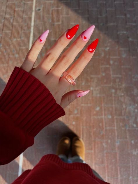 Red And Pink Acrylics, Ted And Pink Nails, Red Nails With Hearts Valentines, Red And Pink Nails Ideas Simple, Nail Art Red And Pink, Pink And Red Flame Nails, Pink And Red Tip Nails, Pink Red Nail Designs, Red Pink Nails Design