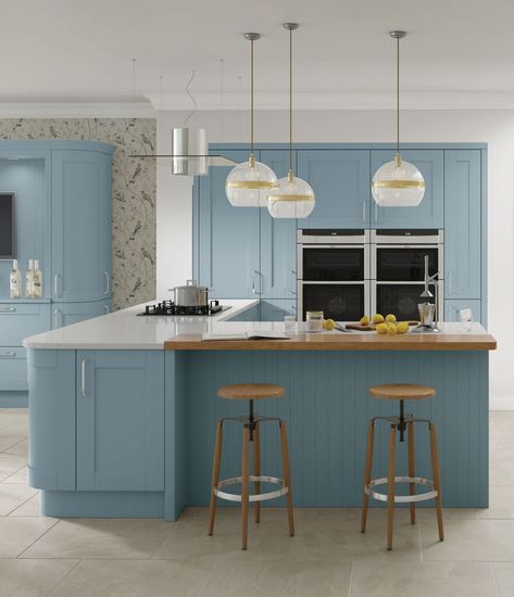 Denim Blue Kitchen Happy Kitchen Colors, Denim Blue Kitchen, Green Kitchen Curtains, Kitchen Cupboard Colours, Kitchen Door Designs, Ideas Para Cocinas, Bungalow Conversion, Kitchen Cabinets Colors, Real Estate Interior Design