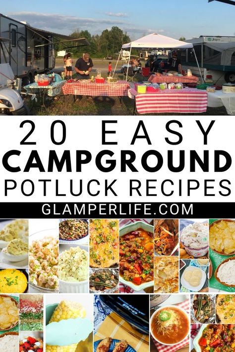 Heading for a camping adventure and planning to join up with some friends when you get there? Potluck meals are a great way to enjoy time with friends while sharing the job of cooking! Everyone brings a dish to the host campsite and you end up with a variety of foods and treats to choose from. Check out our best potluck tips, and grab 20 of the best camping potluck recipes to try! #recipe #camping #rvlife #potluck #glamperlife Easter Camping Food Ideas, Camping Dinner Side Dishes, Campout Potluck Ideas, Easy Camping Side Dishes Make Ahead, Side Dish For Camping, Mediterranean Camping Recipes, Outdoor Cookout Food, Camping Buffet Ideas, Easy Camping Sides Dishes