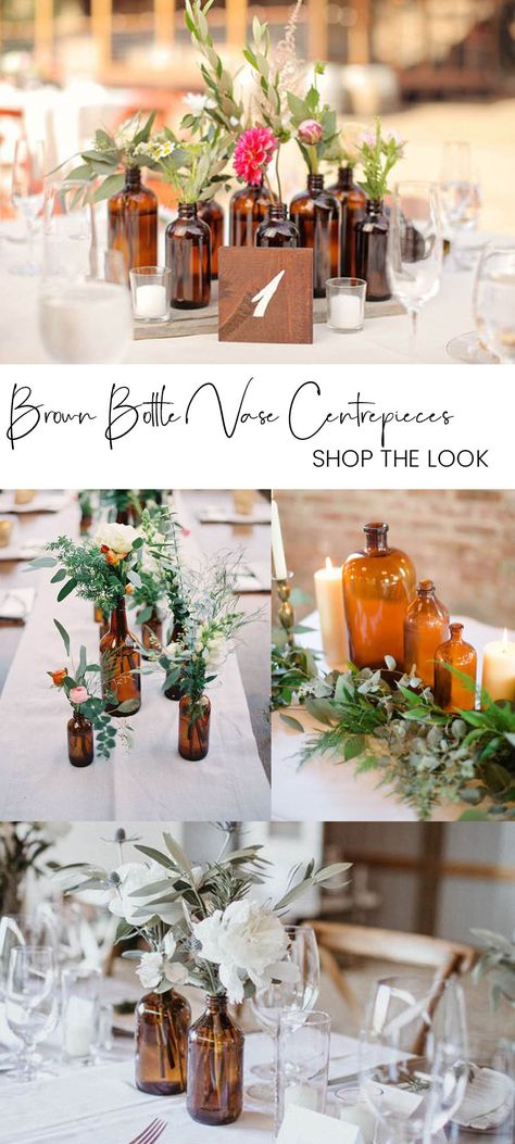 Amber Glass Wedding, Bottle Vase Centerpiece, Bottle Vases Wedding, Beer Bottle Centerpieces, Beer Bottle Wedding, Glass Bottles Wedding, Glass Wedding Centerpieces, Wedding Styling Ideas, Bud Vases Wedding