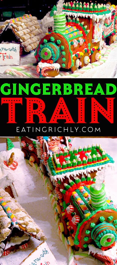 This amazing gingerbread train took a lot of planning and several mistakes, but learn from my mistakes to make your own gingerbread train a little easier! #gingerbread #gingerbreadhouse #gingerbreadcookies #gingerbreadtrain #ginger #molasses #cookies #candy #christmasbaking #holidaybaking #christmasactivities #holidayactivities Gingerbread Train Ideas Decoration, Train Gingerbread House, Train Station Gingerbread House, Gingerbread Train Station, Gingerbread Train Diy, Gingerbread Train Template, Gingerbread Train Ideas, Gingerbread House Decorations Diy, Gingerbread House Competition Ideas