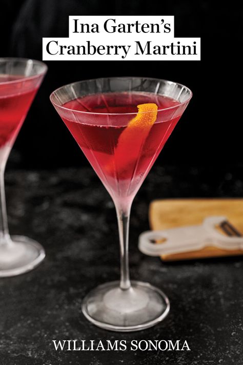 Ina Garten once filmed a Food Network special called Thanksgiving Live to answer viewers’ questions about cooking Thanksgiving dinner. Bobby Flay made a delicious cranberry martini to sip while they worked (what a good idea!). They look so festive and her guests loved them! Infuse the vodka with the orange zest and cranberries at least 2 days ahead. Ina Garden Cranberry Martini, Ina Garten Cranberry Martini, Cranberry Martini Ina Garten, Cranberry Orange Martini, Ina Garten Make Ahead Recipes, Cranberry Martini Vodka, Cranberry Infused Vodka, Cranberry Martini Recipes, Thanksgiving Cosmopolitan