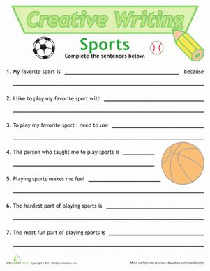 What is your favorite sport? Answer this question and more about sports in this fun creative writing worksheet! Practice sentence writing by filling in the blanks to complete the sentences. For more sentence writing fun, click here.#educationdotcom Pe Worksheets, Sentence Writing Worksheets, 1st Grade Writing Worksheets, Creative Writing Worksheets, Writing Sentences, Elementary Physical Education, 1st Grade Writing, Free Worksheets, Sentence Writing