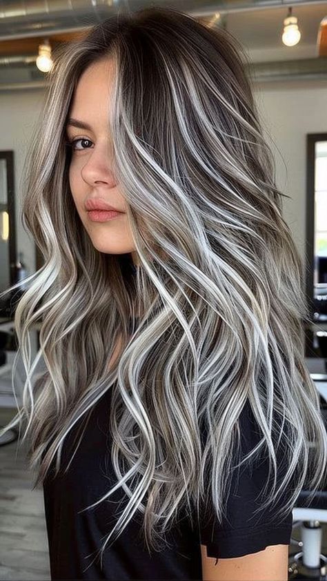 Long Hairstyles Highlights, Blond Grey Balayage, Dark And Platinum Hair, Very Dark Hair With Highlights, Ash Blonde Black Hair, Striking Hair Color Highlights, Hair Color Ideas For Blondes Highlights, Blond Hair With Black Highlights, Dark Platinum Blonde Hair