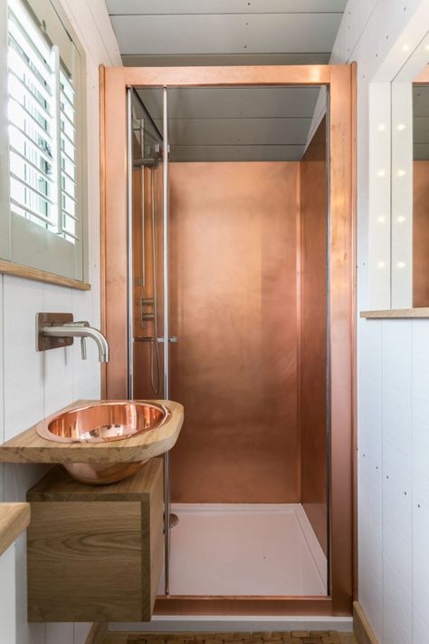 Dimpsey Glamping introduce the 'Yonder' Shepherd Hut - William Holland Blackdown Shepherd Huts, Shepherd Hut, Shepherd Huts, Copper Bath, Bathtub Tile, Copper Bathroom, Shepherds Hut, Shower Surround, Copper Lighting