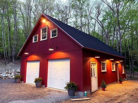 Pole Barn Lights Exterior, Large Barn Lights Exterior Garage, Barn Lights Exterior Garage, Garage Lighting Ideas Exterior, Cabin Garage, Outdoor Garage Lights, Farmhouse Wall Lighting, Cabin Plans With Loft, Cabin Windows