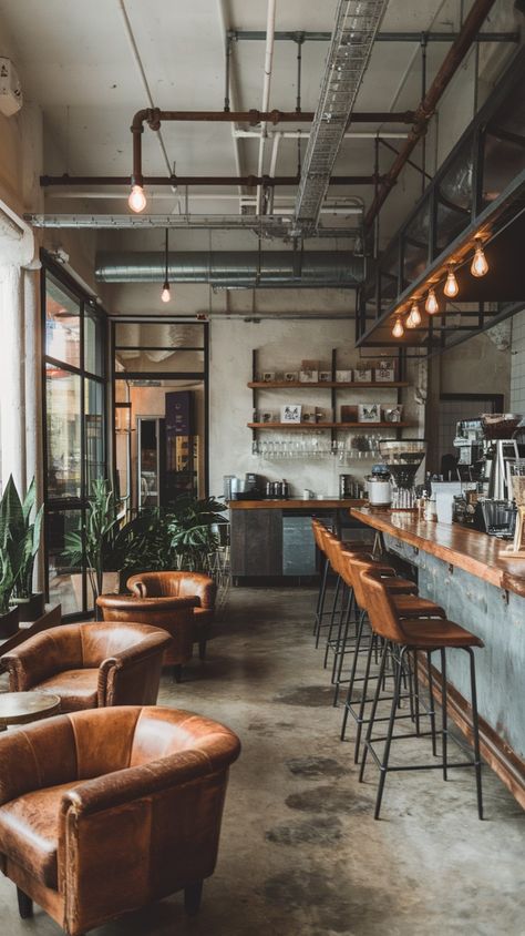 Combine raw materials like concrete and metal with warm lighting for an industrial chic coffee shop. Bold, edgy, and modern! 🏗️☕ #IndustrialCafeDecor #ModernCoffeeShop #ChicCafeDesign Bar Ideas For Cafe, Business Cafe Design, Industrial Bar Interior Design, Modern Cafe Aesthetic, Unique Coffee Shop Design, Modern Industrial Coffee Shop, Speakeasy Coffee Shop, Midcentury Modern Coffee Shop, Italian Cafe Interior Design