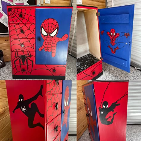 Marvel Dresser Diy, Marvel Chest Of Drawers, Princess Dresser Diy, Spiderman Dresser Diy, Diy Superhero Decor, Spiderman Dresser, Boys Spiderman Bedroom, Spider Man Room Ideas, Spiderman Bedroom Ideas