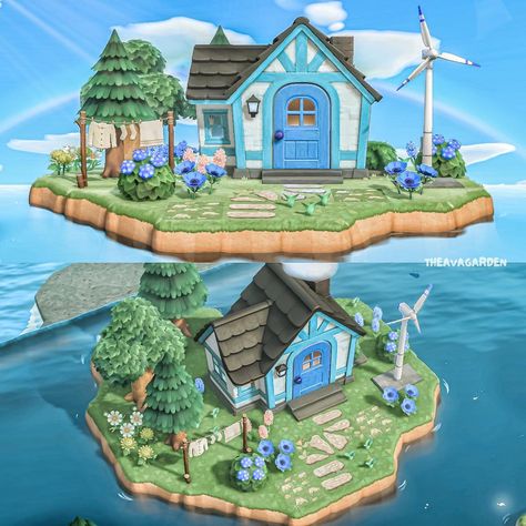 Acnh House Ideas, Island House Exterior, Blue Lake House, Acnh Hhp, Acnh House, Cottagecore Animal Crossing, Lake Animals, Acnh Cottagecore, Animal Crossing Memes