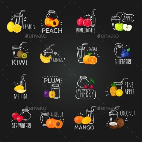 Fresh Fruits Colorful Chalkboard Icons Set Juice Advertising, Kombi Food Truck, Papan Tulis Kapur, Juice Cafe, Juice Menu, Juice Bar Design, Kiwi And Banana, Fresh Smoothies, Doner Kebab